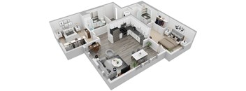 A 3D floor plan of a house with a kitchen, living room, and two bedrooms.